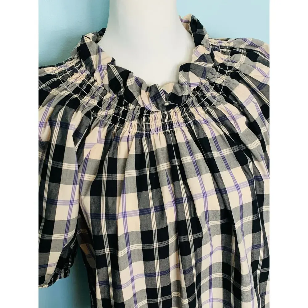 J. Crew Smocked-Neck Puff-Sleeve Top in Friday Plaid Size XS